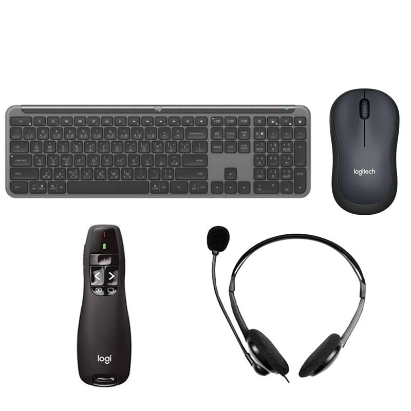 Logitech K950 Signature Slim Wireless, BT Keyboard + Logitech M221 Mouse + Logitech Stereo Headset H110 + Logitech R400 Wireless Presenter