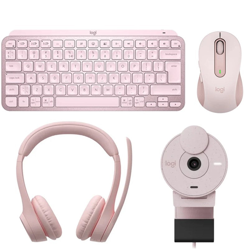Logitech Zone 300 Headset - Rose + Logitech Signature M650 Mouse - Rose + Logitech MX Keys Keyboard, English - Rose Pink + Logitech Brio 300 Webcam - Rose