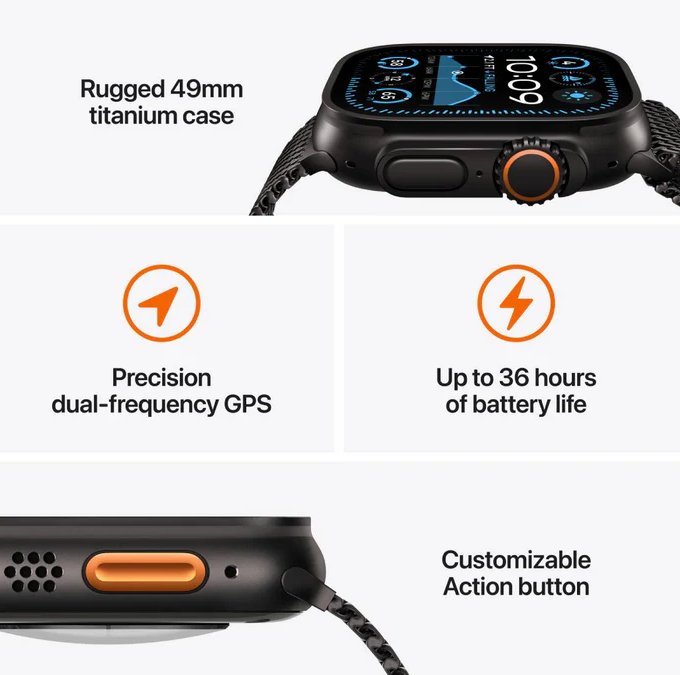 Apple Watch Ultra 2, 49mm, Black Titanium Case, Black Trail Loop, Medium/Large (GPS+Cellular)