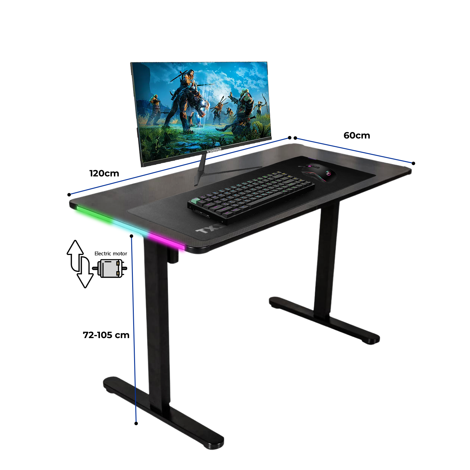 Royal Electric Gaming Desk Adjustable Height, Carbon Fiber, RGB, (120*60*72) cm Size - Black