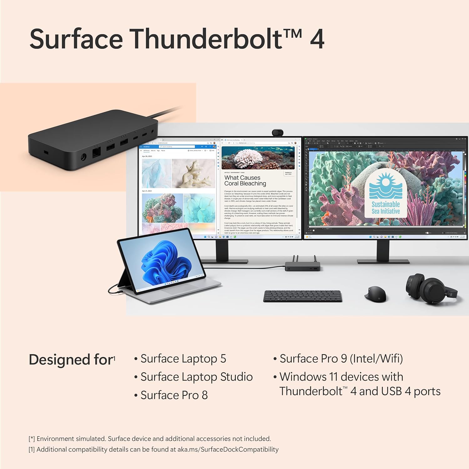 Microsoft Surface Thunderbolt 4 Dock | 4x USB-C | Dual 4K/60Hz Data Transfer | 8 Connections | 96W Power Passthrough | Planet and Accessibility Friendly