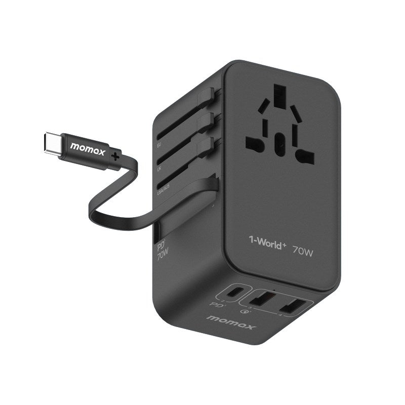 Momax 1-World+ 70W GaN 3-Port w/Built-in USB-C Cable + AC Travel Adapter