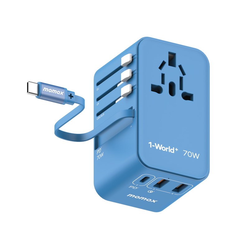 Momax 1-World+ 70W GaN 3-Port w/Built-in USB-C Cable + AC Travel Adapter