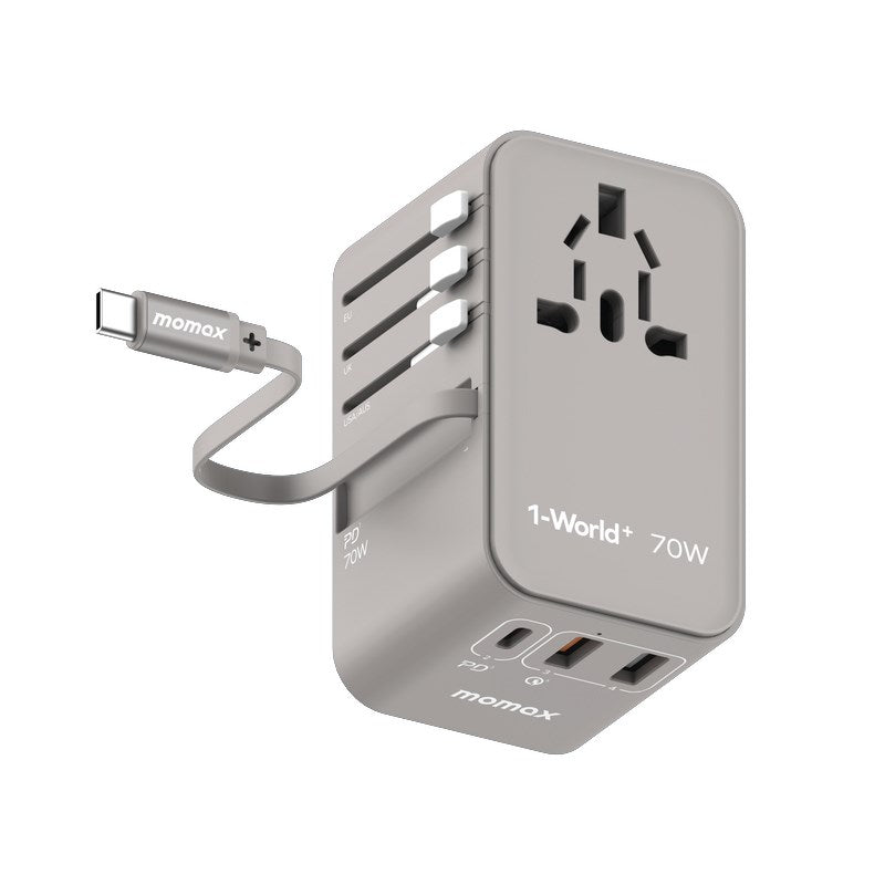 Momax 1-World+ 70W GaN 3-Port w/Built-in USB-C Cable + AC Travel Adapter