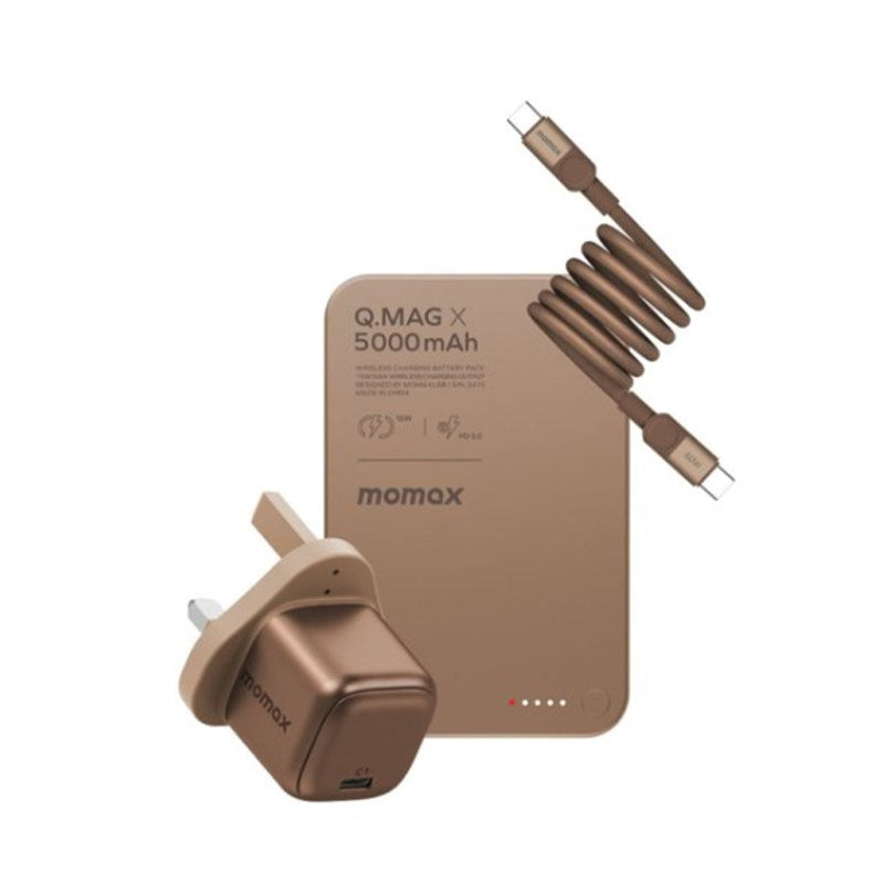 Momax Momax Bundle Set (30 Watts Charger 1-Port Type C + Mag Link Type C to Type C Cable 1 M, 60 Watts + Q.Mag Power Bank 5000mAh Wireless Mag Safe Charge), Dessert