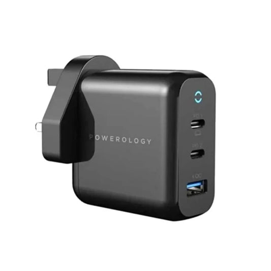 Powerology Wall Charger EU, 65W 3-Output with PD EU GaN Wall Charger with USB-A Fast Charging, MacBook Pro and Bottom Fast Charging Adapter, Black, P65PDWEUBK