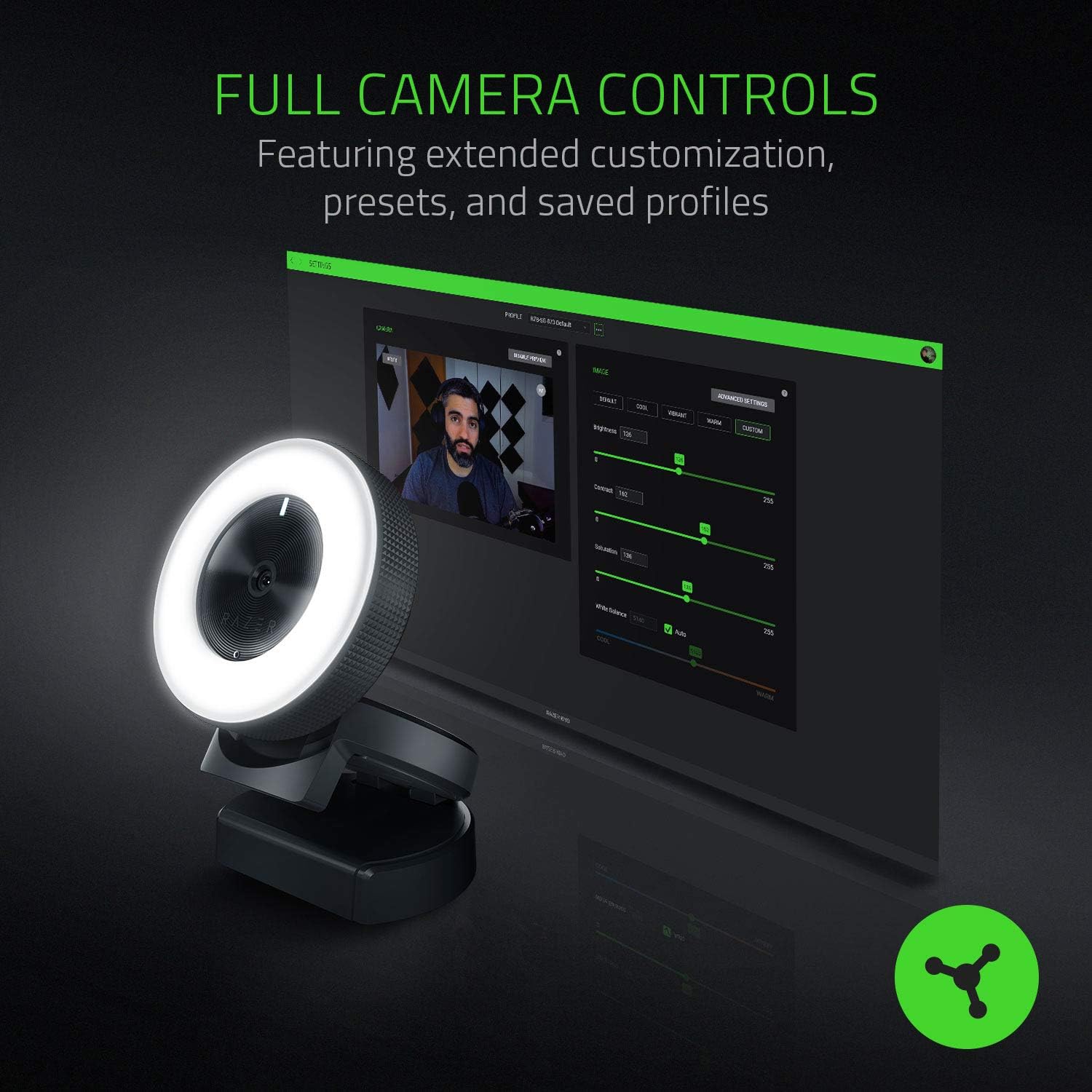 Razer Kiyo Broadcasting and Streaming Camera with Multi-step Ring Light -Black