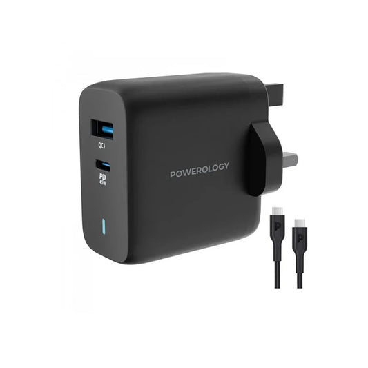 Powerology 63W Ultra-Quick GaN Charger 45W PD & USB-A Quick Charge 18W QC3.0 With 60W Type-C To Type-C Cable, PWCUQC004-C