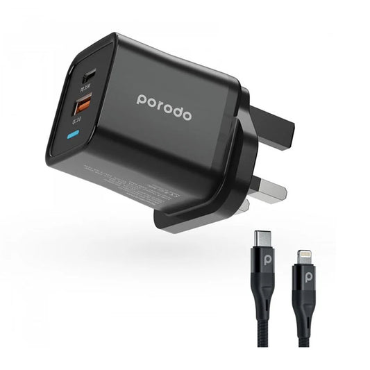Porodo Dual Port PD + USB-A ( 35W+18W) Charger With Type-C To Lightning, Black