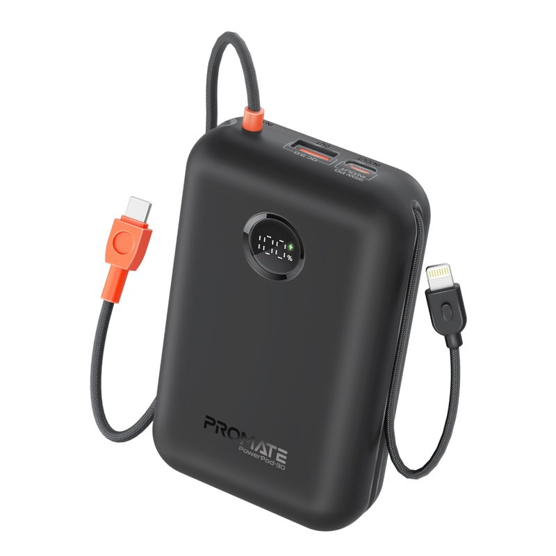 Promate 10000mAh Ultra Compact 35W Power Bank with Built-In USB-C Cable - Blue