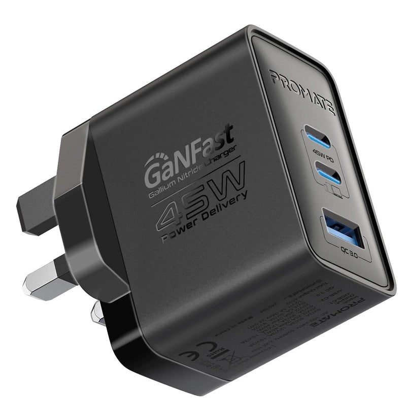 Promate 65W PD GanFast Charger with Retractable USB-C Cable