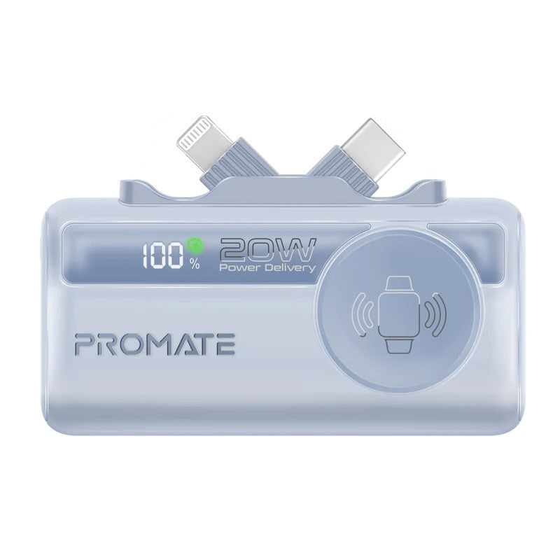 Promate 5000mAh Ultra-Compact Power Bank with USB-C, Lightning & Apple Watch Charge - White