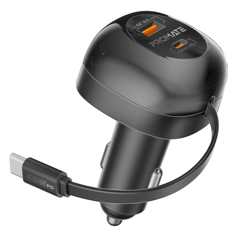 Promate 88W Multi-Port Car Charger with Dual Retractable USB-C & Lightning Cables