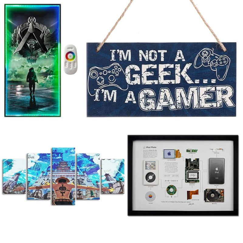 RGB Tech Decor 4 In 1 Bundle Disassembled Apple iPod Photo Framed, PUBG & One Piece Poster and Gamer Door Sign
