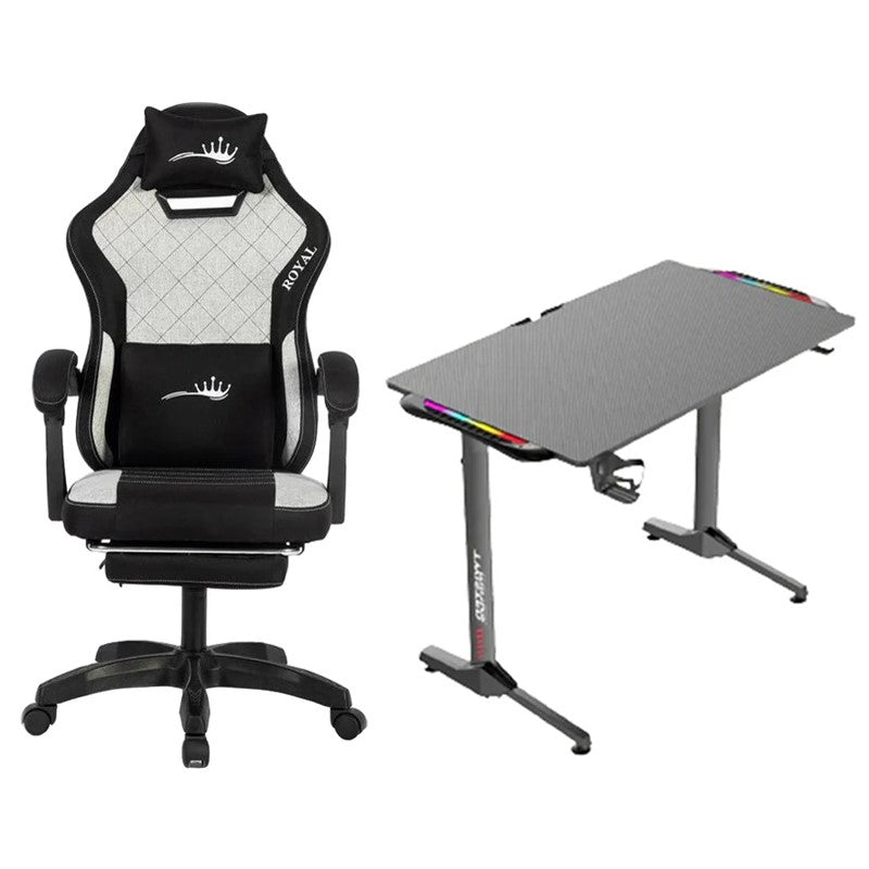 Royal King Gaming Chair with Footrest - Grey/Black + Twisted Minds T Shaped RGB Gaming Desk (Dimension: 100 cm x 60 cm x 75 cm)