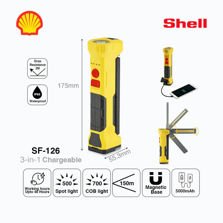 Shell SF126 LED Rechargeable Work Light/Flashlight with 5000mAh Power Bank, 8 Light Modes, Swivel COB Work Light Head, Strong Magnetic Base and Hanging Hook, USB-C Rechargeable, IP65 Water Resistant