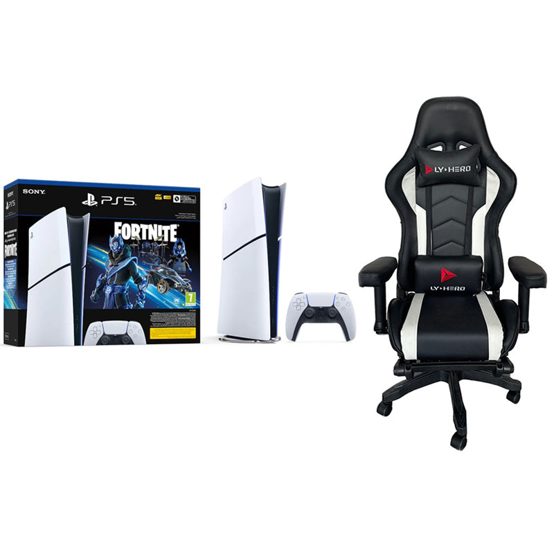 Sony PS5 Slim Console Digital Fortnite Cobalt Star Voucher Bundle with Hero Gaming Chair, Black