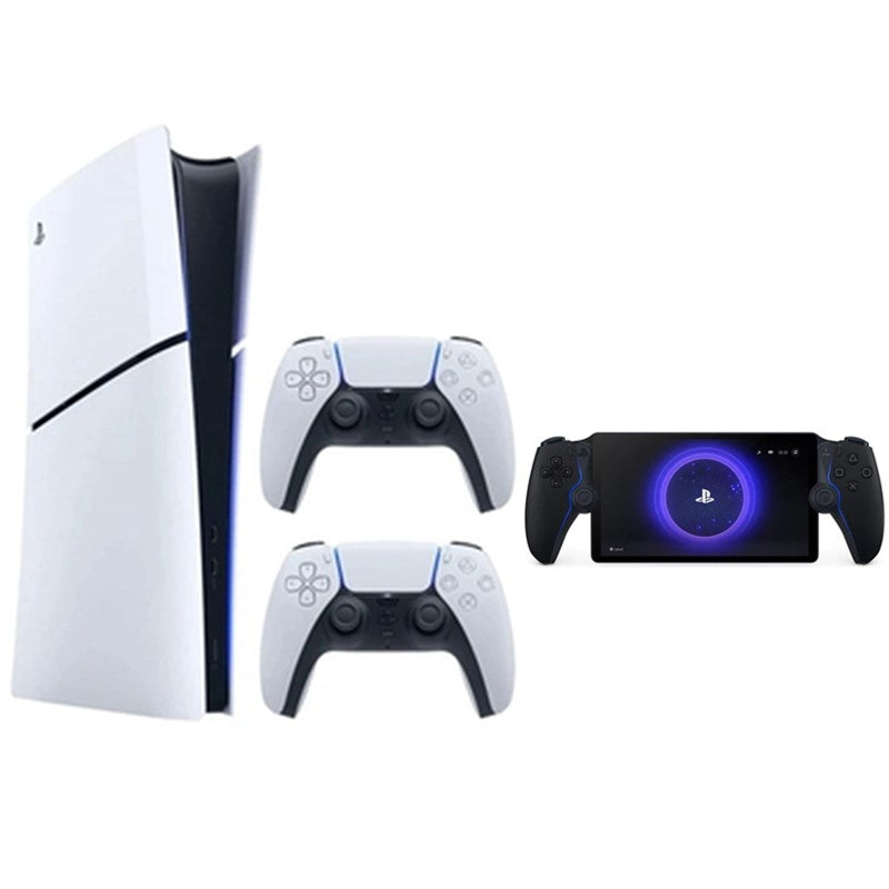 Sony PlayStation 5 (PS5) Slim Digital Console - Two DualSense Wireless Controllers Bundle - White + Sony PlayStation Portal Remote Player - Midnight Black