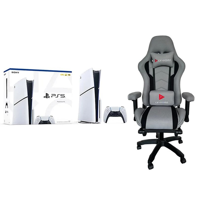 Sony Playstation 5 Disc Console Slim, Arabic Edition with Hero Gaming Chair, Fabric Grey
