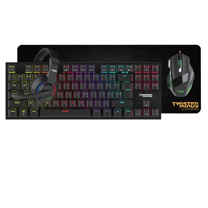Twisted Minds 4in1 Gaming Bundle, Wired Keyboard DPI Adjustable Mouse, Rainbow Static Headset, Mouse Pad