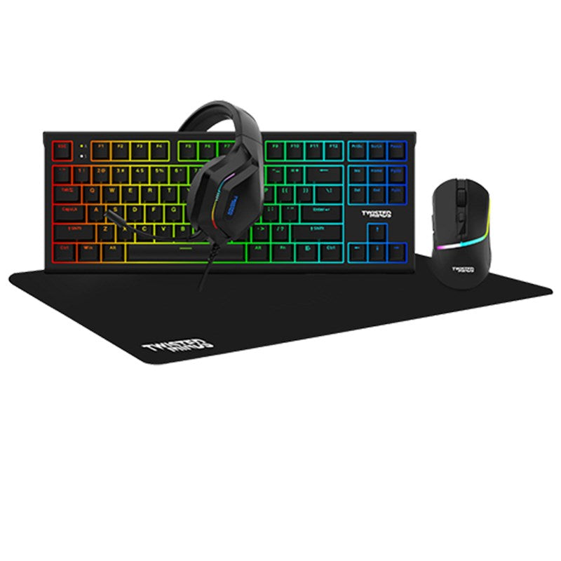 Twisted Minds 4in1 Gaming Bundle, Wired Keyboard, Rainbow Static Headset LED, Multi-Media Keys Keyboard and Mouse Pad
