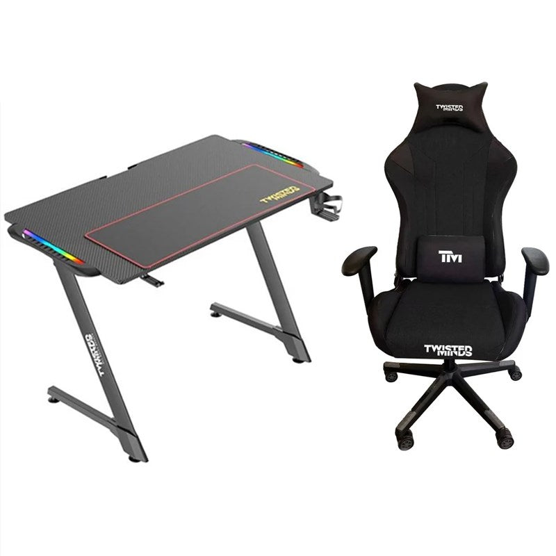 Twisted Minds Pro Fabric Gaming Chair - Black + Twisted Minds Z Shaped Gaming Desk Carbon Fiber Texture - RGB