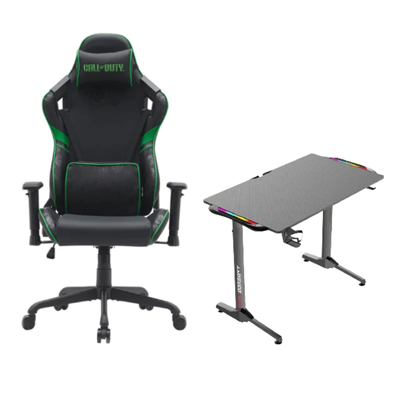 Twisted Minds T Shaped RGB Gaming Desk + GAMEON Call Of Duty Gaming Chair W/A 4D Armrest&M Base - Green/Black