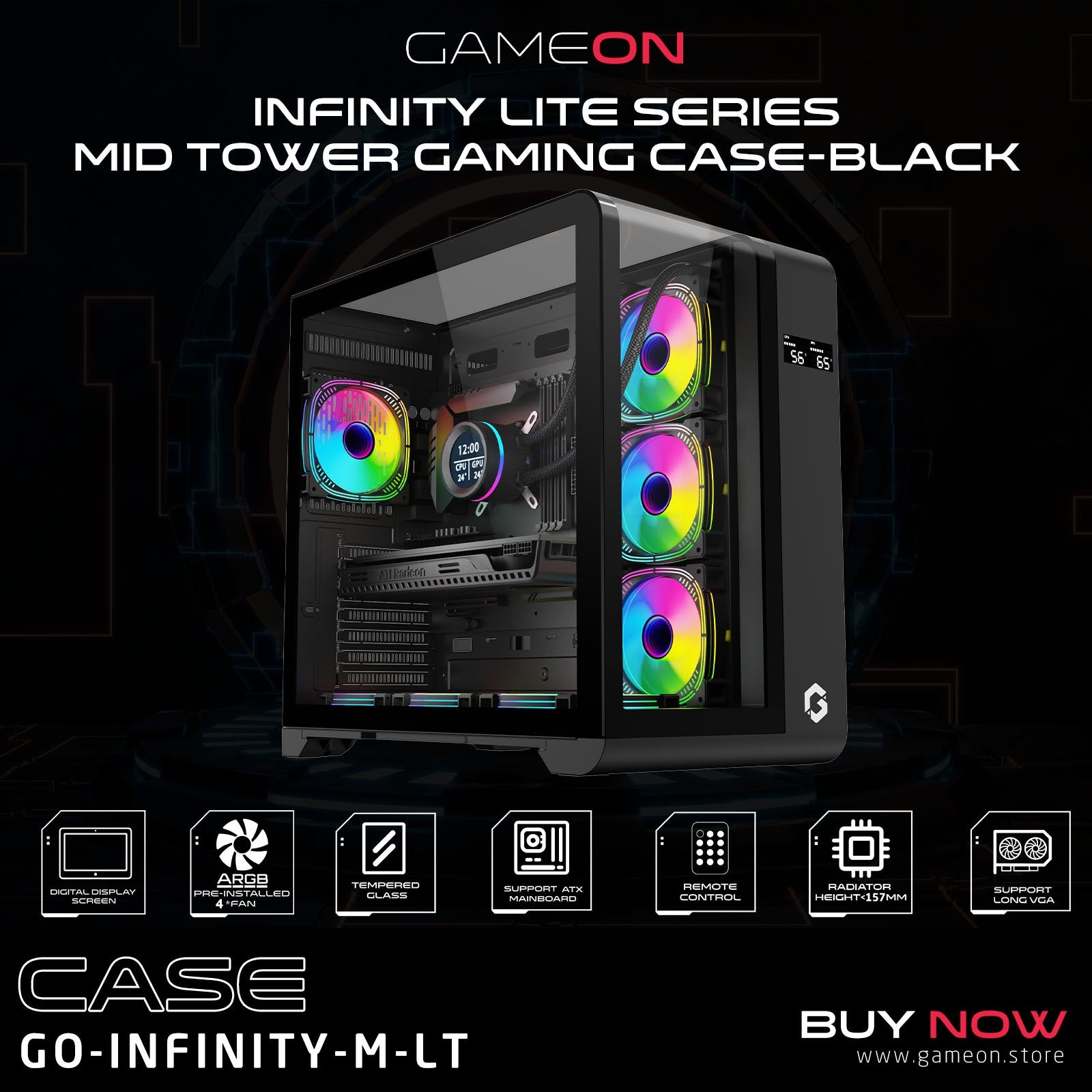 GAMEON Infinity Midnight Series ARGB Mid Tower Gaming Case - Black (4