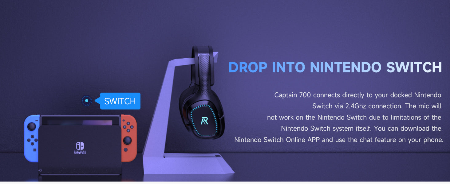 RYR Captain 700 Wireless Gaming Headset, for PS4 / PS5 / Nintendo Switch / PC - Black