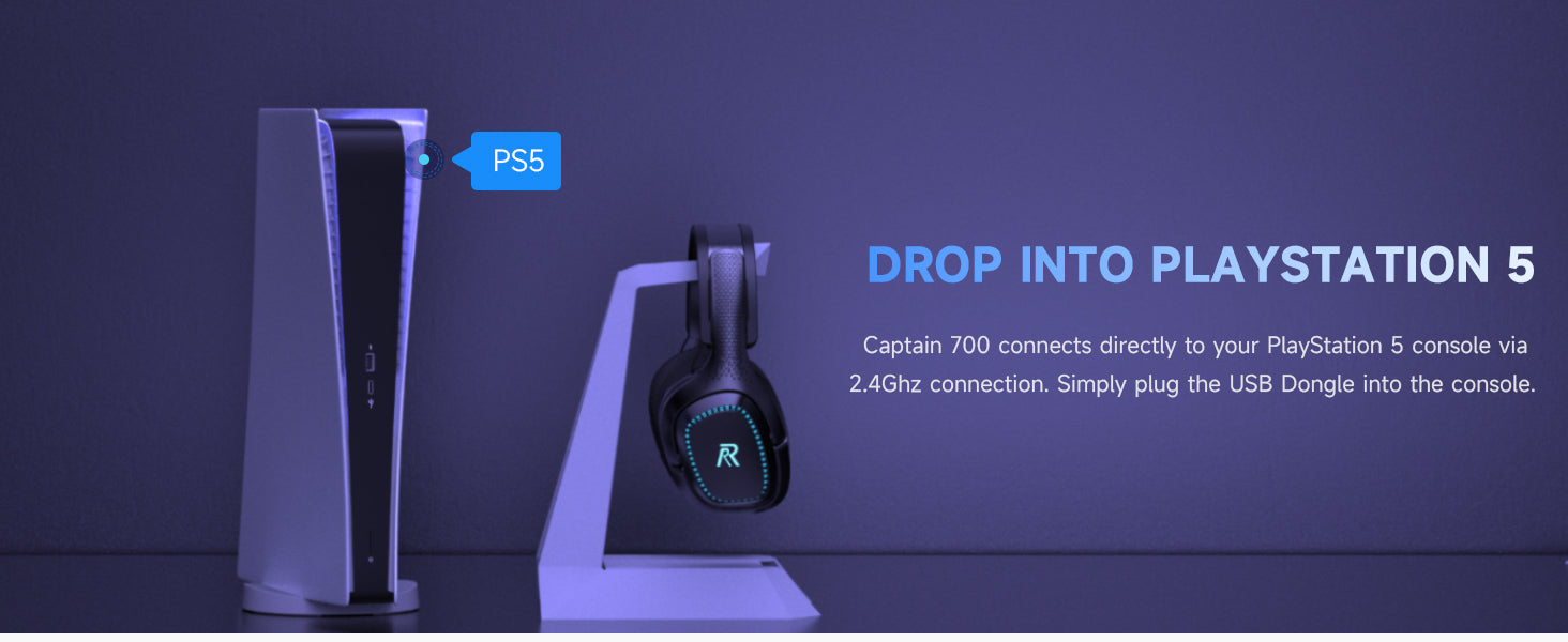 RYR Captain 700 Wireless Gaming Headset, for PS4 / PS5 / Nintendo Switch / PC - Black