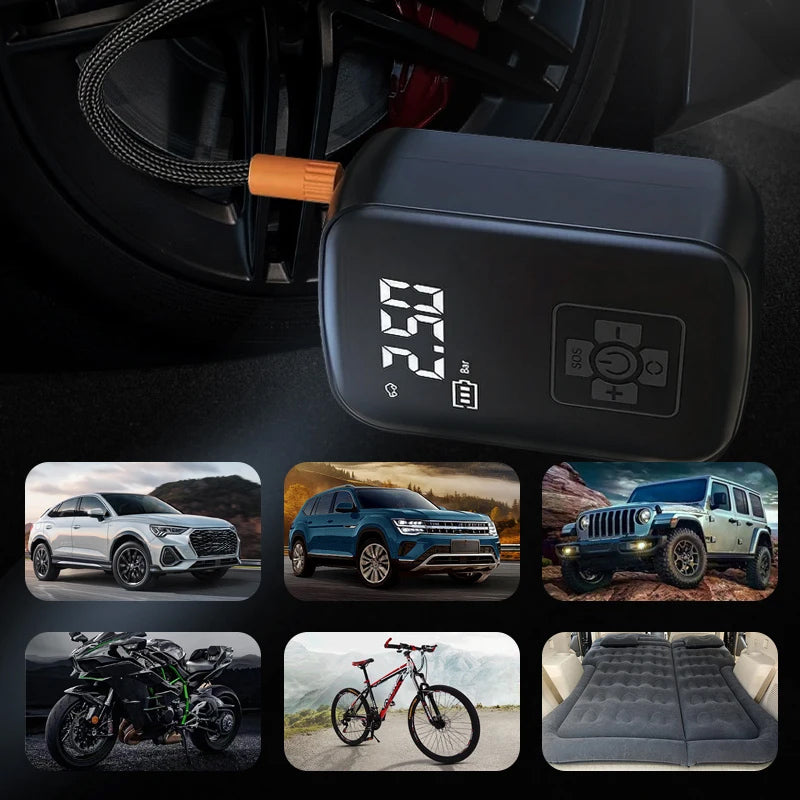 Portable Electric Air Compressor with Smart Digital Tire Pressure Detection, Electric Inflator Pump for Bike/Motorcycle/Car/Football & Emergency Light - Black