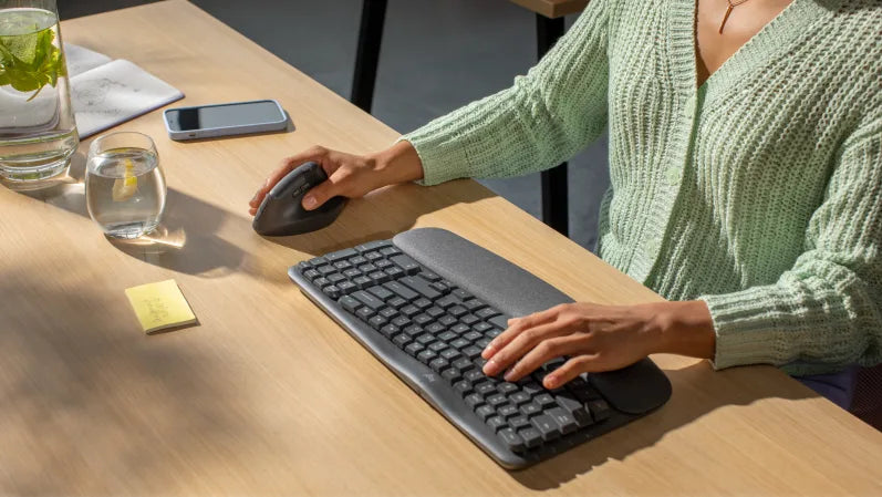 Logitech Wave Keys Wireless Ergonomic Keyboard with Cushioned Palm Rest, Comfortable Natural Typing,  Bluetooth, Logi Bolt Receiver, for Multi-OS, Windows/Mac, English/Arabic Layout - Graphite