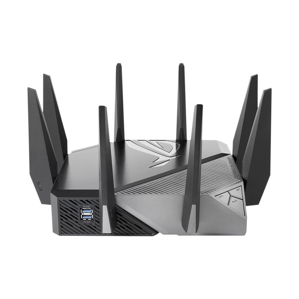 راوتر العاب من اسوس ROG Rapture, راوتر العاب 6 جيجا هرتز, ثلاثي الموجات WiFi 6E (802.11ax), 2.5 جيجاهرتز, منفذ WAN / LAN متوافق مع PS5, تسريع ألعاب ثلاثي المستوى