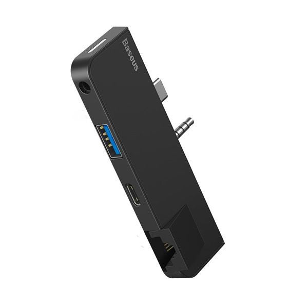بيسوس موزع متعدد الوظائف لجهاز سيرفس جو بمنفذ Type-C + منفذ صوت ل RJ45 + منفذ  + USB3.0  + منفذ Type-C (بيانات + صوت) - أسود