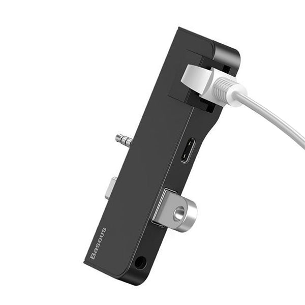 بيسوس موزع متعدد الوظائف لجهاز سيرفس جو بمنفذ Type-C + منفذ صوت ل RJ45 + منفذ  + USB3.0  + منفذ Type-C (بيانات + صوت) - أسود