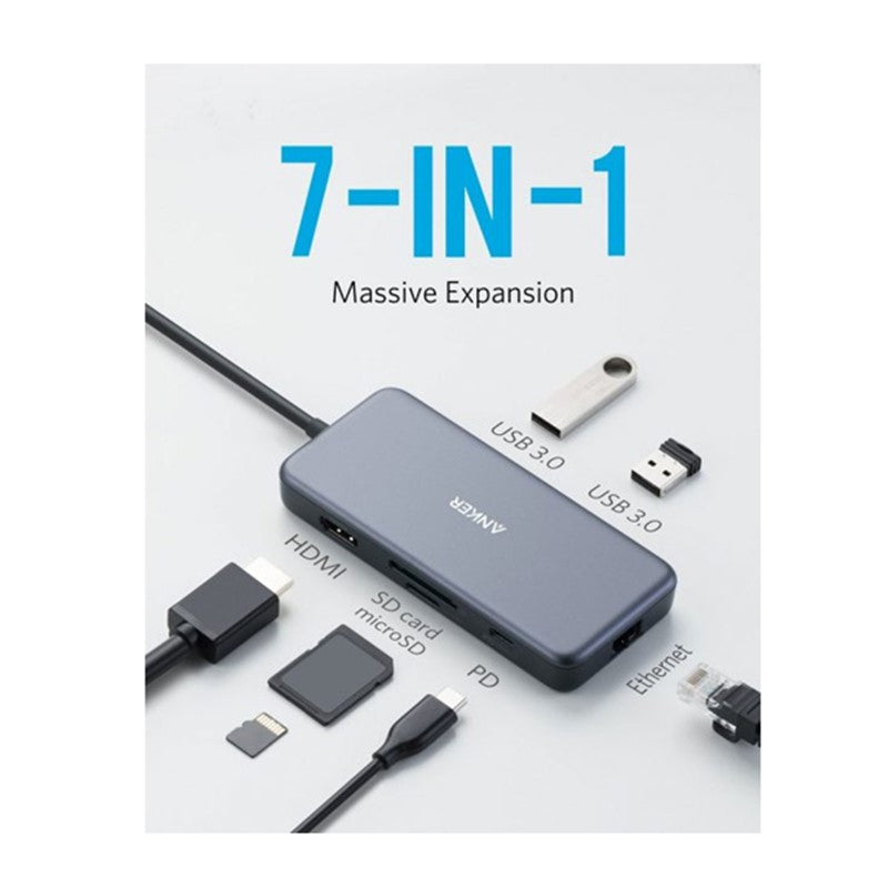 Anker PowerExpand+ 7-In-1 USB-C PD Ethernet Hub ( USB-C To HDMI, 2x USB, Type C, SD & MicroSD, Ethernet) - Gray