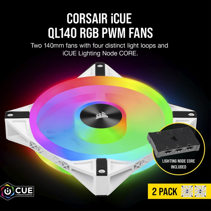 Corsair iCUE QL140 RGB 140mm PWM Dual Fan Kit with Lighting Node CORE - White