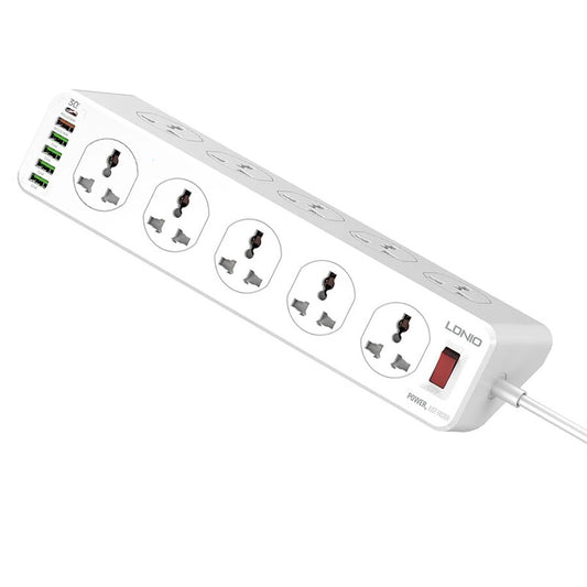 LDNIO 30W Power Extension With 10 AC Sockets, 5 USB Ports And 1 PD USB-C - White