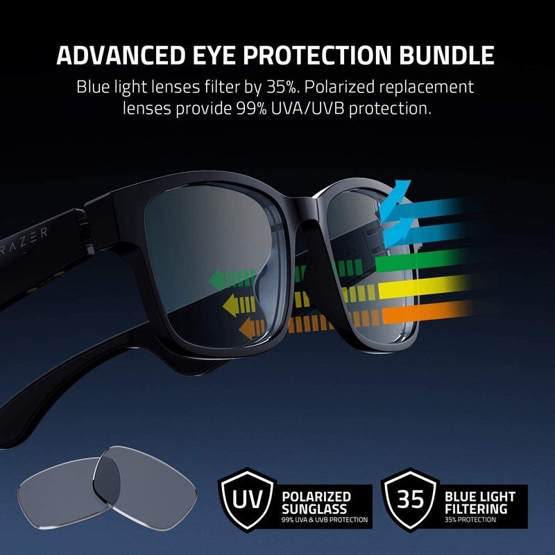 Razer Anzu Smart Glasses, Blue Light and Sunglass Lens, Rectangle Design, Large - Black