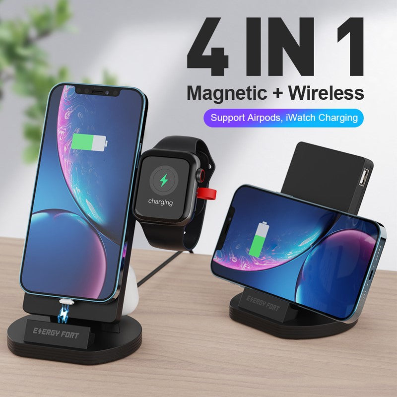 Gadgeton 4 In 1 Wireless Charging Stand For Apple Watch, Smart Phones & QI Enabled Cell Phones And Airpods - Black