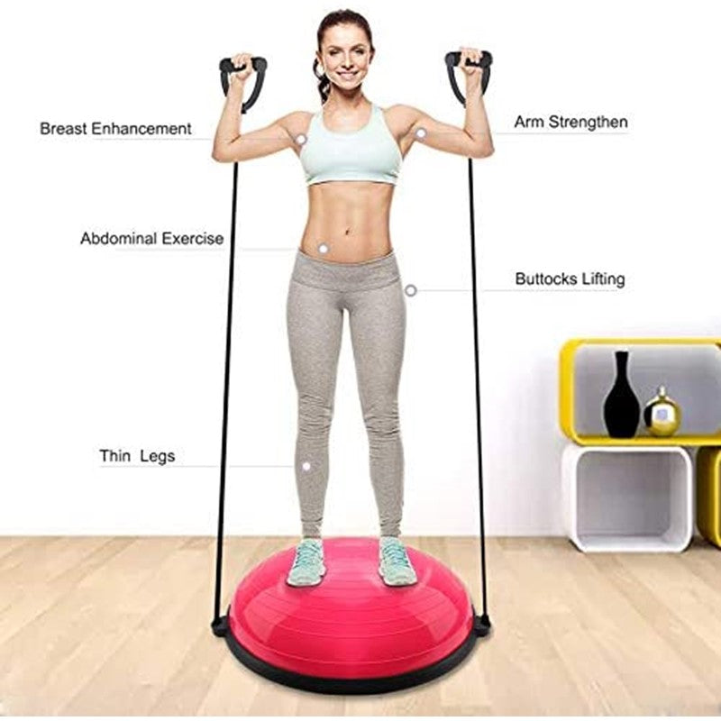 Exercise Trainer Yoga Balance Ball Half Ball with Resistance Bands Home Fitness Ball Weight Loss Pilates Ball with Foot Pump Yoga Equipment-Pink