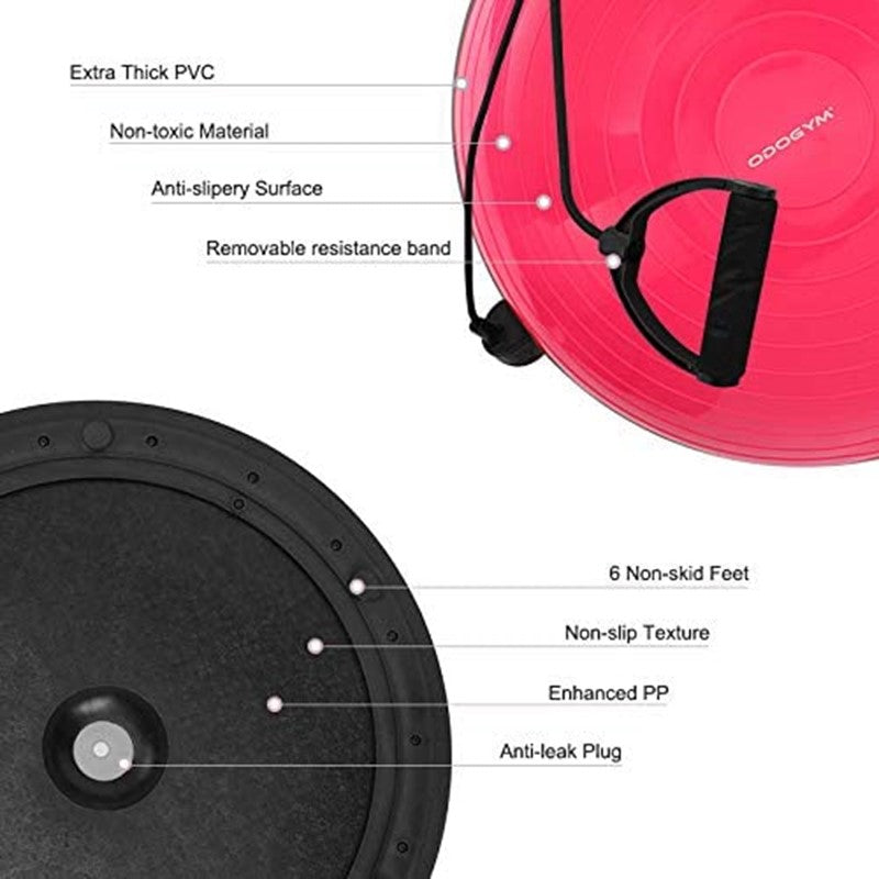 Exercise Trainer Yoga Balance Ball Half Ball with Resistance Bands Home Fitness Ball Weight Loss Pilates Ball with Foot Pump Yoga Equipment-Pink