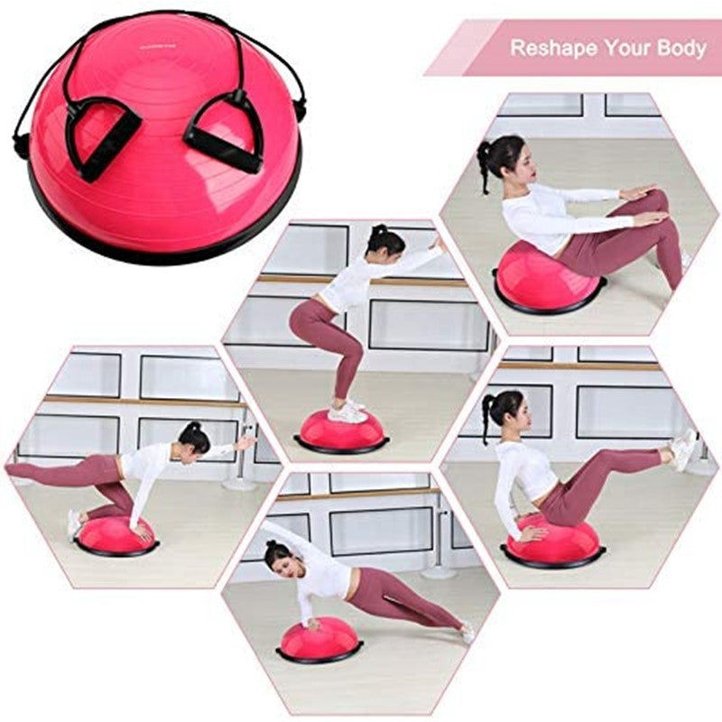 Exercise Trainer Yoga Balance Ball Half Ball with Resistance Bands Home Fitness Ball Weight Loss Pilates Ball with Foot Pump Yoga Equipment-Pink