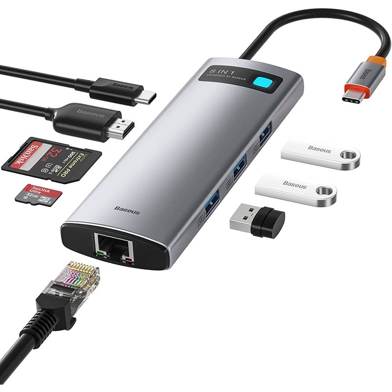 Baseus Metal Gleam Series 8 In 1 Multifunctional Type-C Hub, Docking Station Gray/Adapter With 1x 4K HDMI, 1x PD Fast Charging, 3x USB 3.0, 1x SD/TF card slot, 1x Type-C Socket, 1x Ethernet Port And Indicator Light - Grey