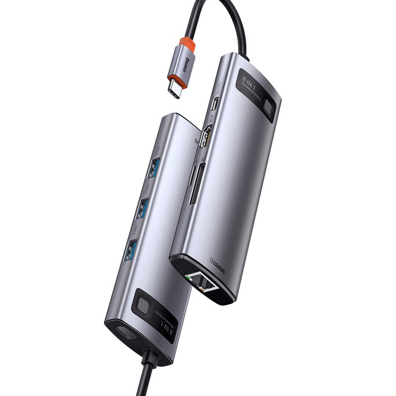 Baseus Metal Gleam Series 8 In 1 Multifunctional Type-C Hub, Docking Station Gray/Adapter With 1x 4K HDMI, 1x PD Fast Charging, 3x USB 3.0, 1x SD/TF card slot, 1x Type-C Socket, 1x Ethernet Port And Indicator Light - Grey