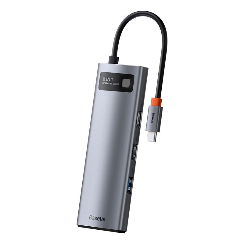 Baseus Metal Gleam Series 8 In 1 Multifunctional Type-C Hub, Docking Station Gray/Adapter With 1x 4K HDMI, 1x PD Fast Charging, 3x USB 3.0, 1x SD/TF card slot, 1x Type-C Socket, 1x Ethernet Port And Indicator Light - Grey