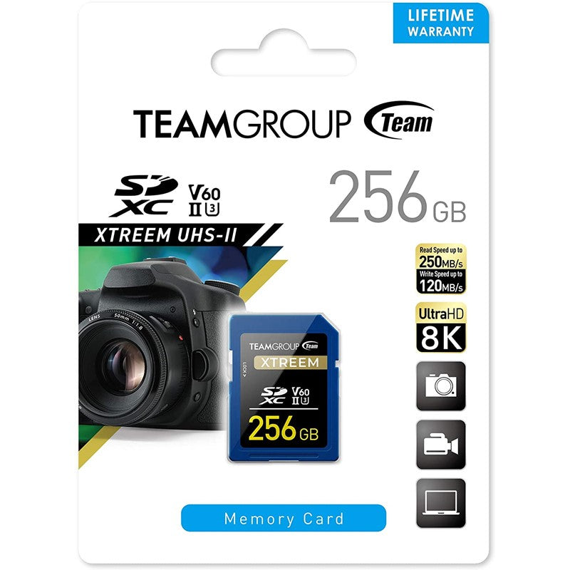 Teamgroup T-Force Xtreem 256GB SDXC UHS-II U3 V60 Memory Card for 8K UHD Video Recording and Photo Shooting, Up to 250Mb/s Speed, 3 Years Warranty