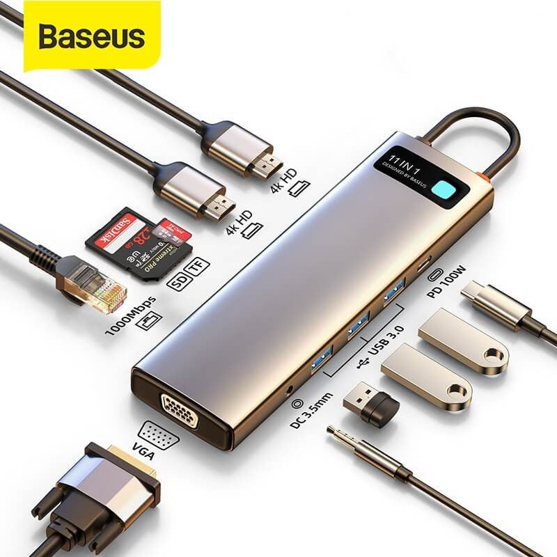 Baseus Metal Gleam Series 11-In-1 Multifunctional Type-C Hub Docking Station Space Gray
