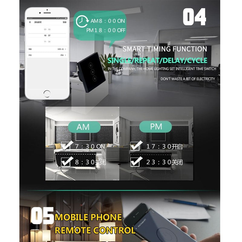 Smart WiFi Glass Panel Wall Touch Switch Power Socket (UK) 800W (3 Gang) With App Control Works with Amazon Alexa, Google Home Assistant - White