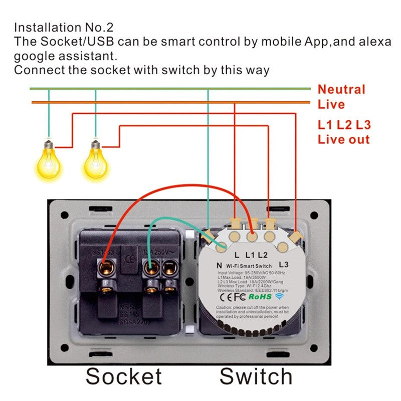 Smart WiFi Glass Panel Touch Switch + UK Power Socket + 2 USB Ports (2 Gang) With App Control Works with Amazon Alexa, Google Home Assistant - White